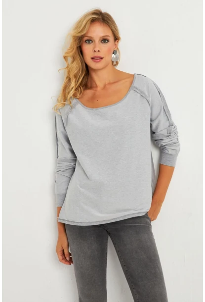 Kadın Gri Kayık Yaka Ters Dikişli Sweatshirt TF10