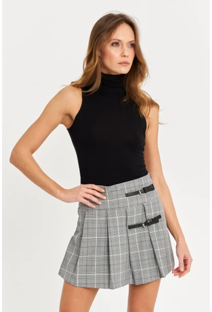 Kadın Gri Kemer Detaylı Ekose Şort Etek FS9473