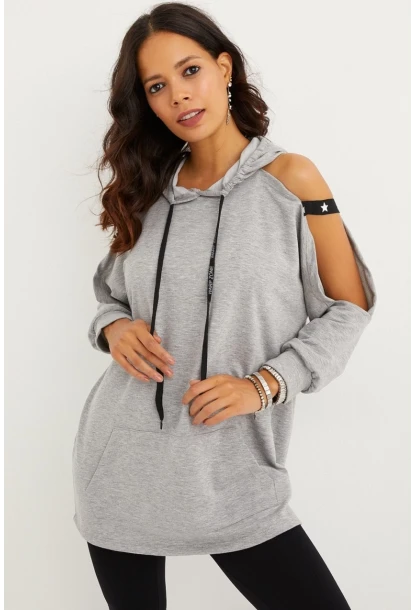 Kadın Gri Kolları Açık Kapüşonlu Sweatshirt Yİ2356
