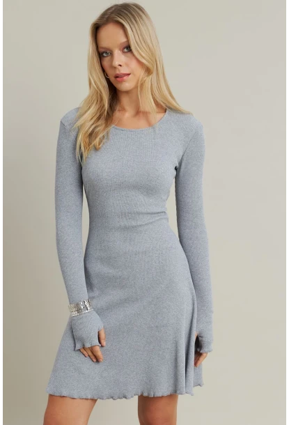 Kadın Gri Melanj Bağlamalı Kaşkorse Mini Elbise FRY2175