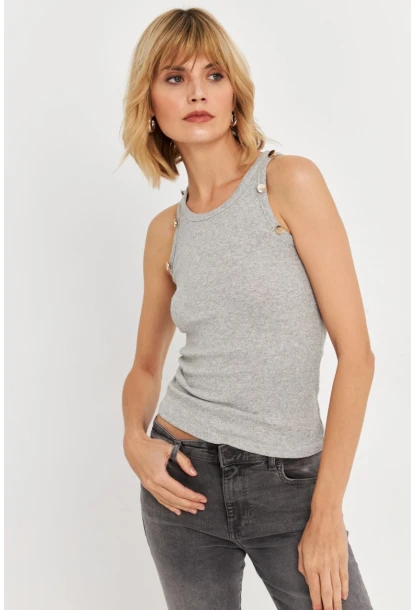 Kadın Gri Melanj Düğme Detaylı Kolsuz Kaşkorse Bluz TF55