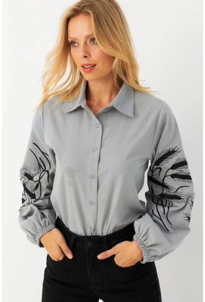 Kadın Gri Nakışlı Balon Kol Gömlek MQS5603