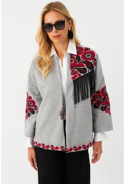 Kadın Gri Nakışlı Kaşe Ceket MQS5563