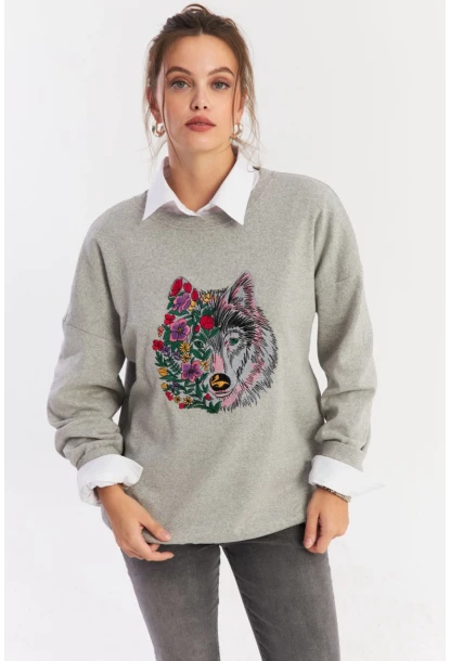 Kadın Gri Nakışlı Sweatshirt YLE20