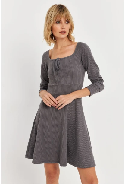 Kadın Gri Önü Bağlamalı Mini Elbise TF59
