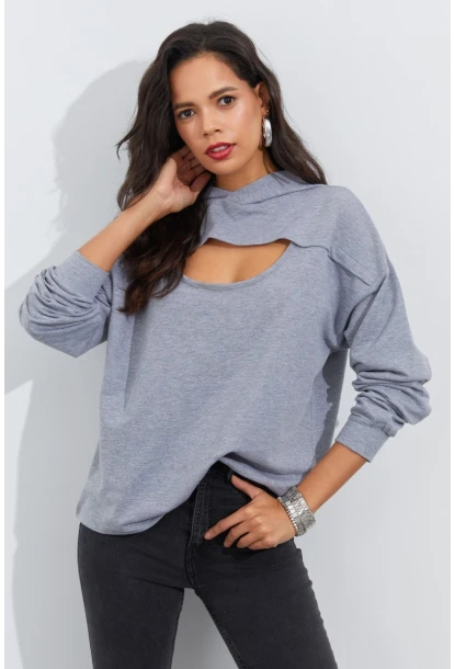 Kadın Gri Önü Pencereli Kapüşonlu Sweatshirt Yİ2486