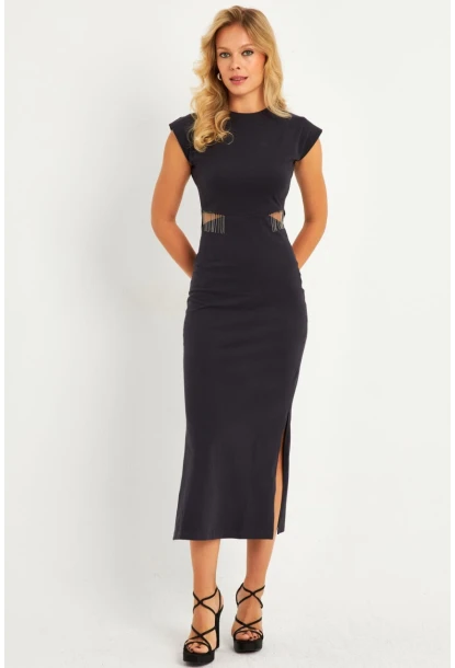 Kadın Gri Pencereli Aksesuarlı Midi Elbise YLE22