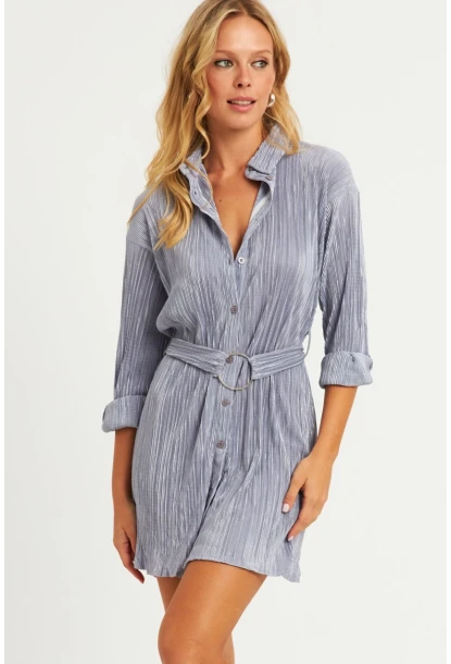 Kadın Gri Piliseli Kemerli Mini Elbise TW70124-90