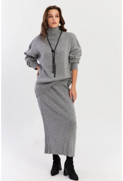 Kadın Gri Plili Alt Üst Triko Takım SF2554