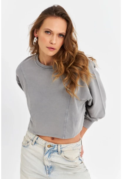Kadın Gri Salaş Crop Sweatshirt ZH08