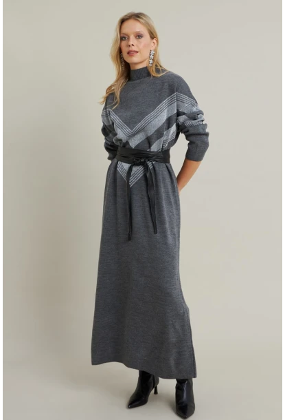 Kadın Gri Simli Maxi Triko Elbise MTC3215