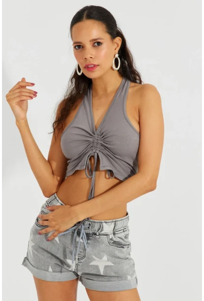 Kadın Gri Sırtı Açık Crop Bluz B2697