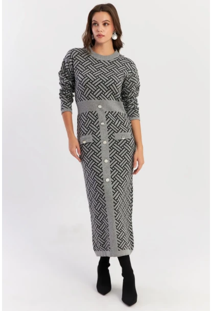 Kadın Gri-Siyah Düğme Aksesuarlı Desenli Maxi Elbise NUV41