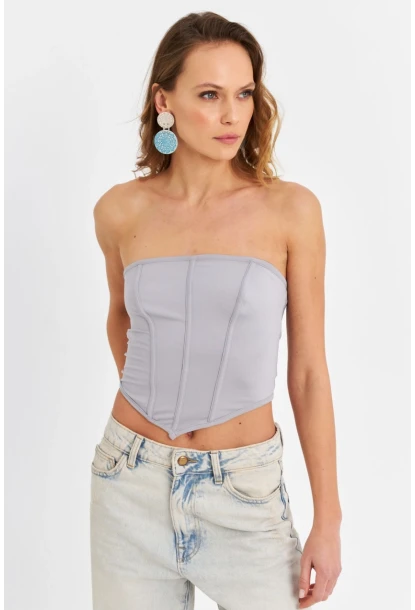 Kadın Gri Straplez Crop Bluz B6081
