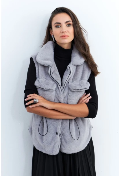 Kadın Gri Suni Kürk Cepli Yelek MK66