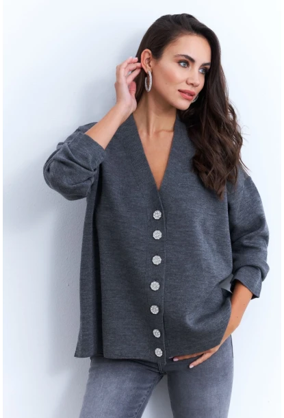 Kadın Gri Taşlı Düğmeli Hırka MİW4572