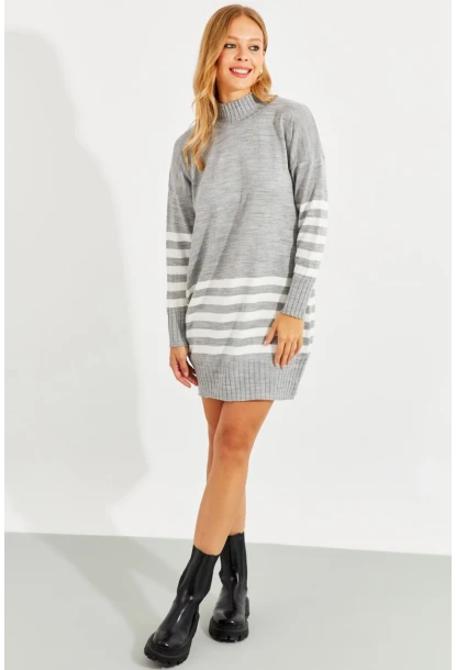 Kadın Gri Triko Çizgili Tunik YV202