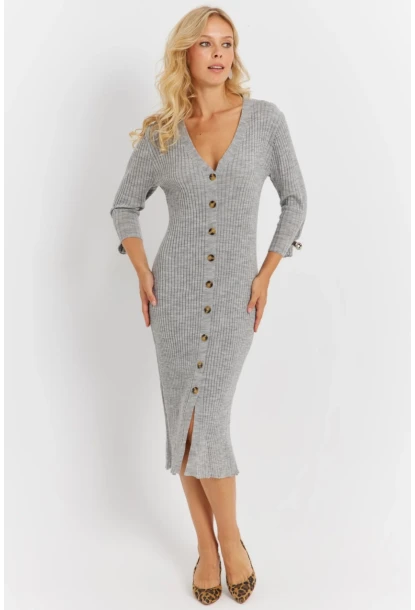 Kadın Gri Triko Midi Gömlek Elbise YV274