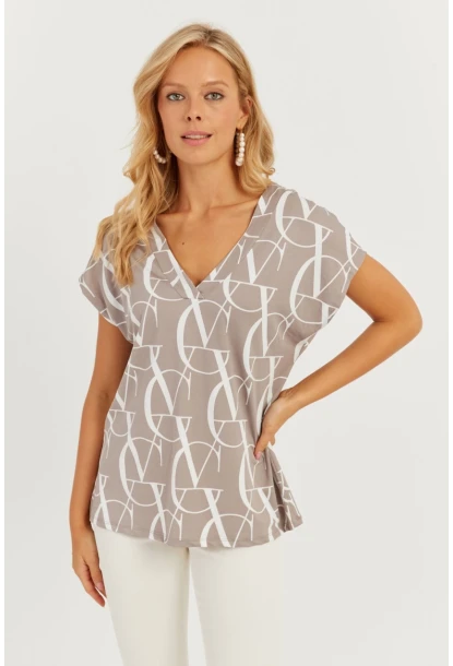 Kadın Gri V Yaka Desenli Bluz AYD293