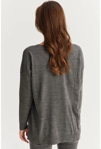 Kadın Gri V Yaka Taşlı İnce Triko Bluz YİL002