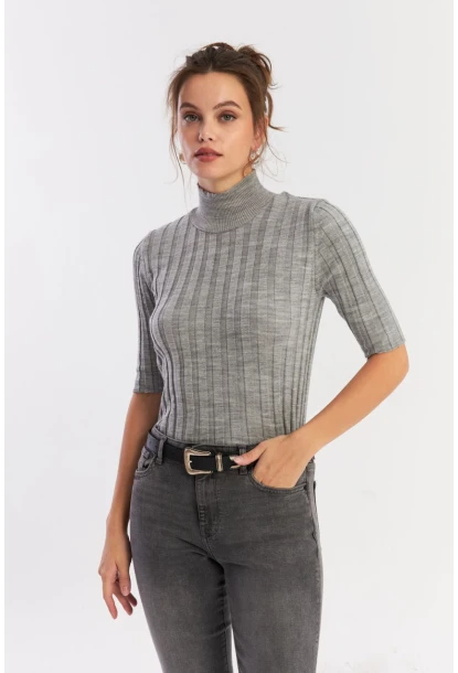 Kadın Gri Yarım Balıkçı Triko Bluz YV287