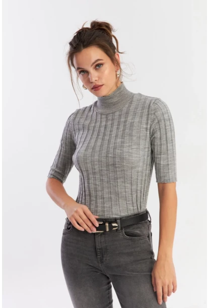 Kadın Gri Yarım Balıkçı Triko Bluz YV287