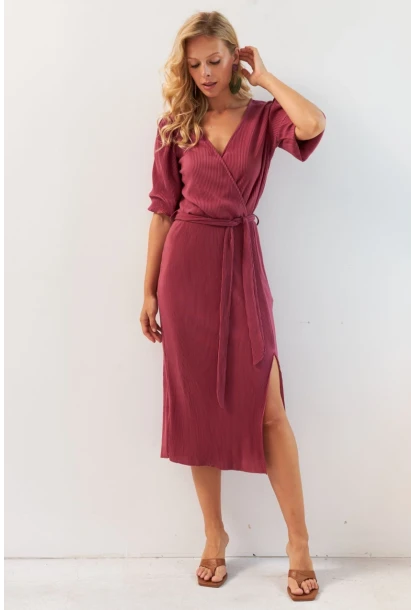 Kadın Gül Kurusu Balon Kol Kruvaze Midi Elbise YLE616