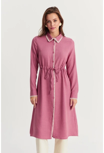 Kadın Gül Kurusu Garnili Gömlek Midi Elbise MASF10