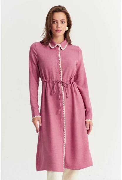 Kadın Gül Kurusu Garnili Gömlek Midi Elbise MASF10