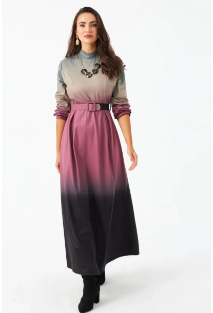 Kadın Gül Kurusu Kemerli Maxi Elbise MHAD4974