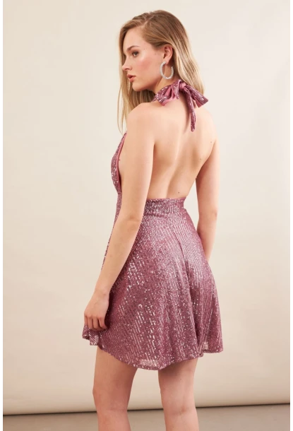 Kadın Gül Kurusu Sırtı Açık Payetli Astarlı Mini Elbise DCF046