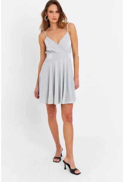 Kadın Gümüş Rengi Kruvaze Simli Astarlı Mini Elbise DCF110