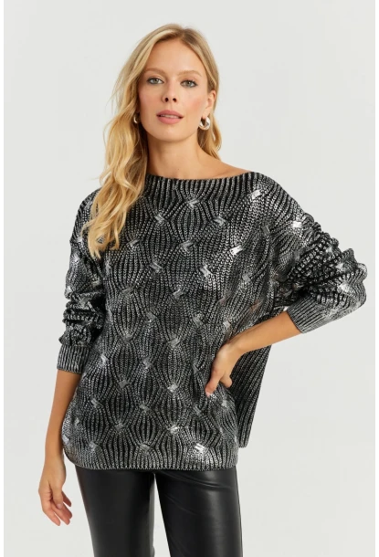 Kadın Gümüş Rengi Varaklı Triko Kazak SF2533