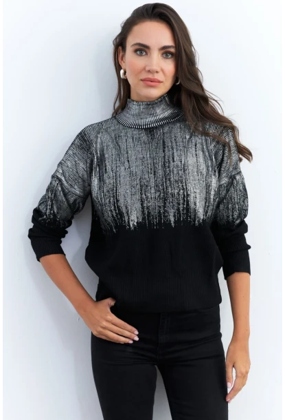 Kadın Gümüş-Siyah Balıkçı Yaka Varaklı Kazak RM07