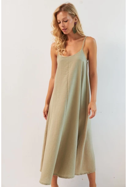 Kadın Haki Ayarlanabilir Askılı Midi Keten Elbise DMR355