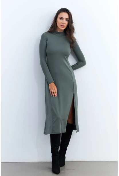 Kadın Haki Balıkçı Yaka Midi Elbise HOR15