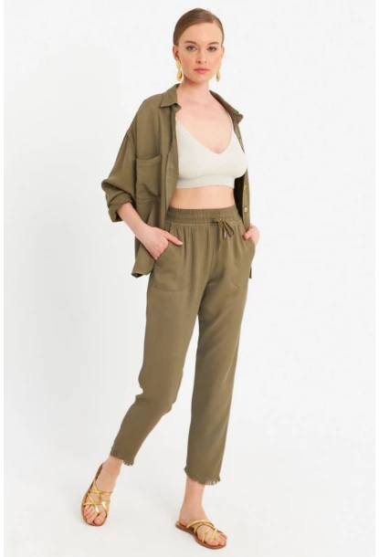 Kadın Haki Beli Lastikli Tensel Pantolon SUN201