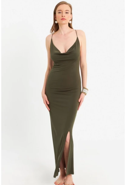 Kadın Haki Degaje Yaka Askılı Maxi Elbise DMR289