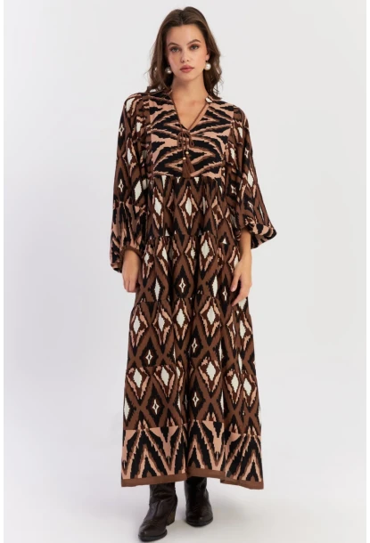 Kadın Haki Desenli Dokuma Maxi Elbise ALO235