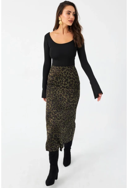 Kadın Haki Desenli Saten Etek CAR1060