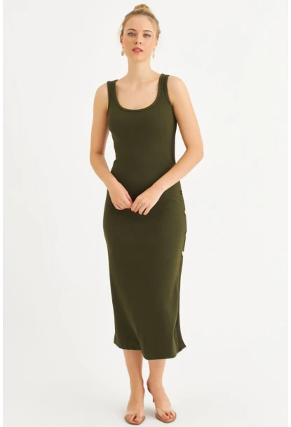 Kadın Haki Düğme Detaylı Kaşkorse Midi Elbise EY2837