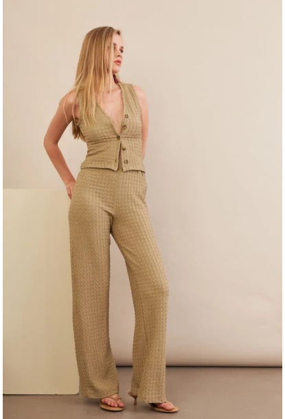 Kadın Haki Gofre Yelek Pantalon Takım FLU330