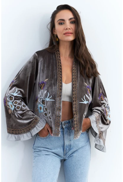 Kadın Haki İspanyol Kol Nakışlı Kadife Ceket QS5577