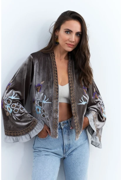 Kadın Haki İspanyol Kol Nakışlı Kadife Ceket QS5577