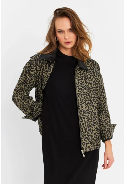 Kadın Haki Leopar Denim Ceket MELT1174
