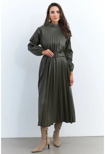 Kadın Haki Pileli Kemerli Maxi Elbise MALZ99