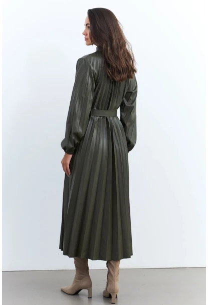 Kadın Haki Pileli Kemerli Maxi Elbise MALZ99