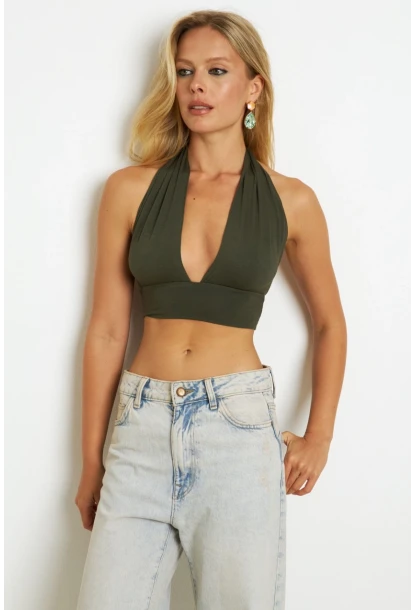 Kadın Haki Sırt Ve Boyun Bağlamalı Bluz EY1472