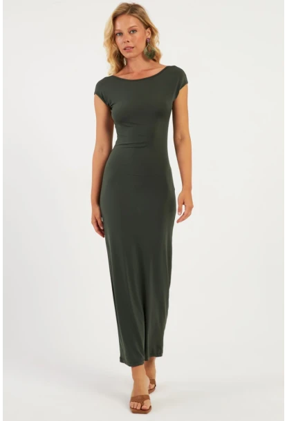 Kadın Haki Sırtı Açık Midi Elbise DMR345
