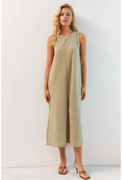 Kadın Haki Sırtı Düğmeli Midi Keten Elbise DMR353